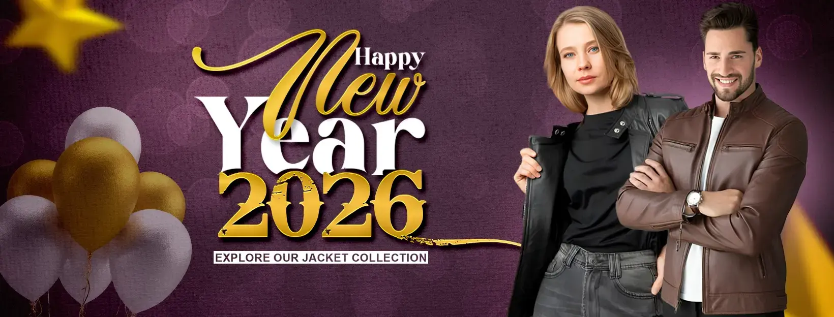 J4Jackets Happy New Year 2026 banner featuring a woman in a black leather moto jacket and a man in a brown quilted leather jacket on a purple holiday background.