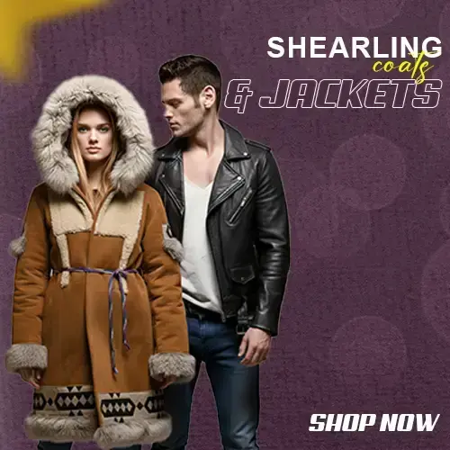 J4Jackets New Year 2026 banner for shearling coats and jackets featuring a woman in a tan hooded fur coat and a man in a black leather biker jacket.