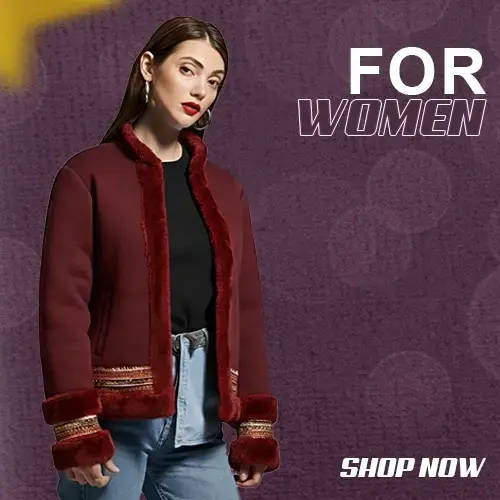 J4Jackets women's New Year 2026 category banner featuring a model in a maroon velvet-finish jacket with plush fur trim and patterned cuffs.