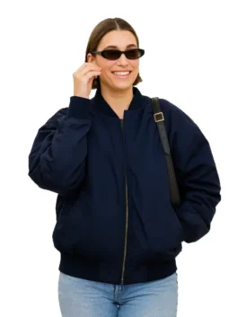 Hailey Bieber Navy Blue Bomber Jacket