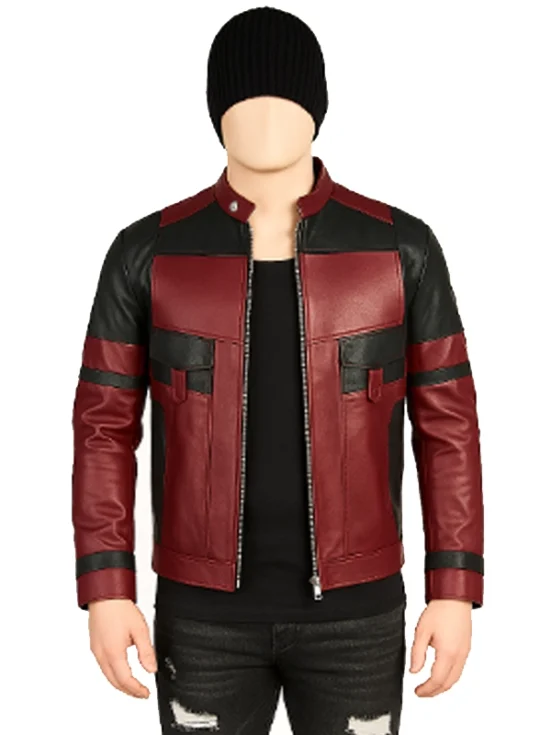 Black and Red Contrast Futuristic Slim Leather Jacket