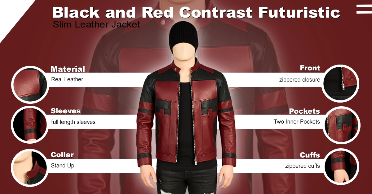 Black and Red Contrast Futuristic Slim Leather Jacket