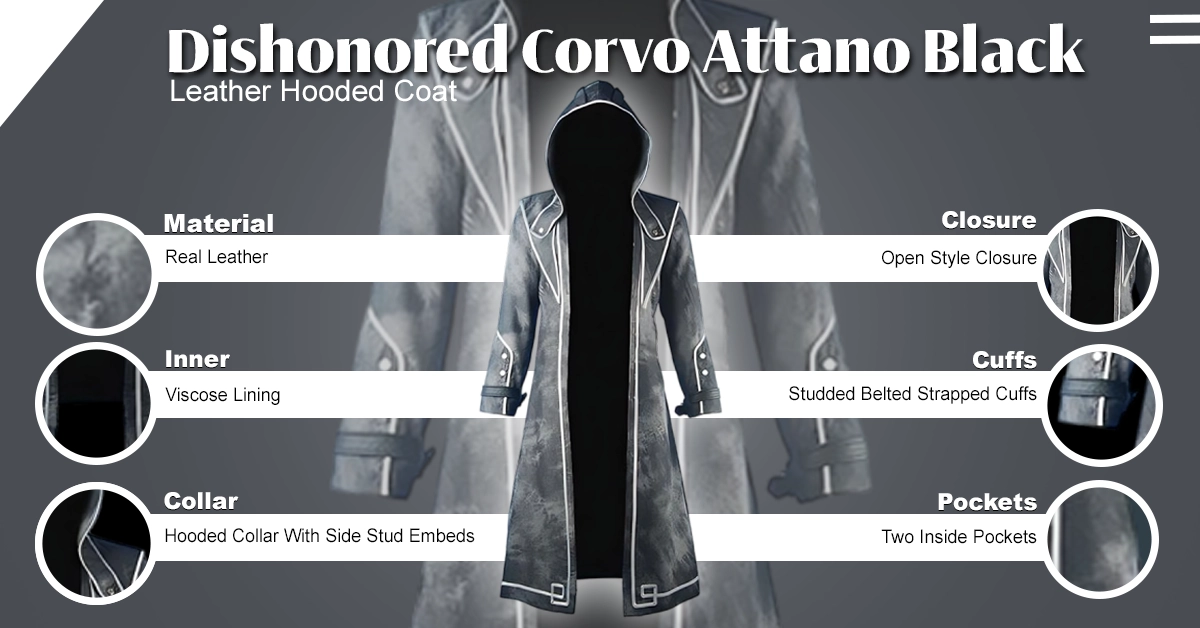 Dishonored Corvo Attano Black Leather Hooded Coat