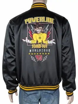 Product page for the Disney Powerline Tour Bomber Jacket showing the $129 sale price and free shipping notice.