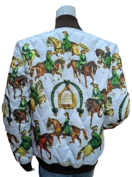 Back view of the Emily in Paris Horse Jacket showing the full pattern and athletic hem.