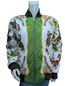 Front view of the Emily in Paris Horse Jacket with a secure zip closure and stand up collar.