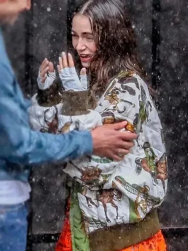 A stylish Emily in Paris Horse Jacket with a vibrant print and comfortable casual fit.