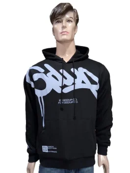 A black Geedup hoodie featuring large white graffiti-style "Geedup" branding across the chest and shoulder.