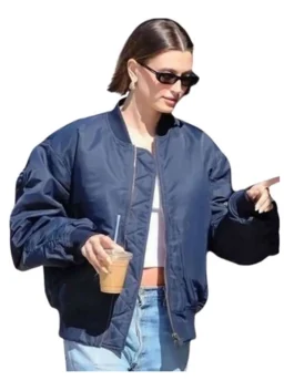 Hailey Bieber Navy Blue Bomber Jacket