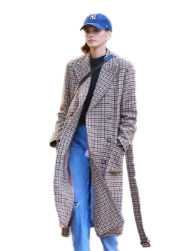 Kaia Gerber Vintage Long Belt Plaid Coat