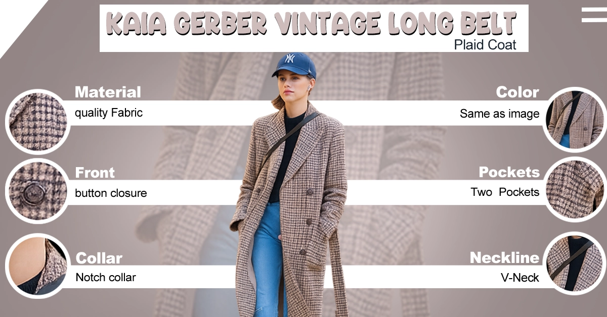 Kaia-Gerber-Vintage-Long-Belt-Plaid-Coat