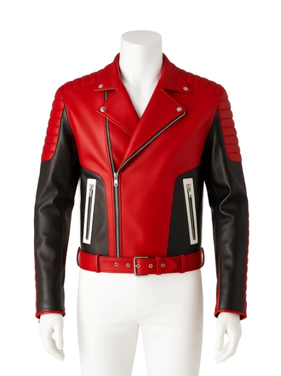 Men Fashion Bikers Red Leather Jacket