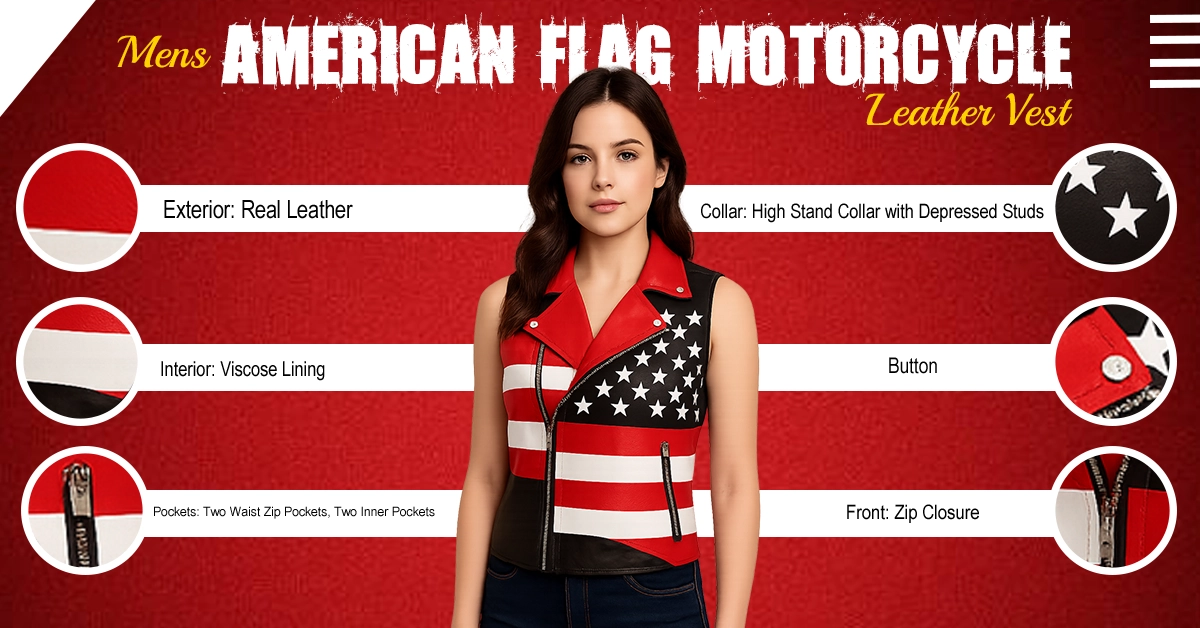 Mens American Flag Motorcycle Leather Vest