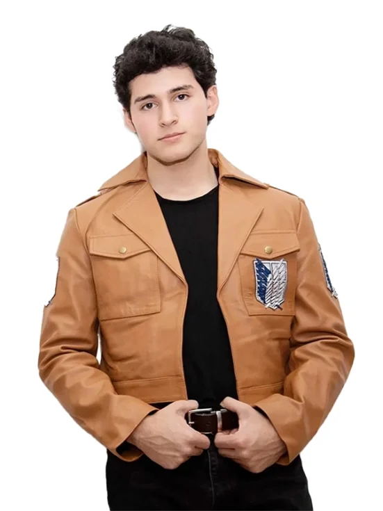 Mens Attack on Titan Brown Leather Jacket f