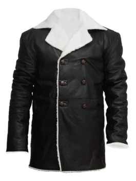 Mens Black Leather Long Shearling Coat with Fur Collar