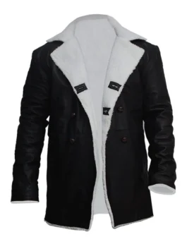 Mens Black Leather Long Shearling Coat with Fur Collar 3