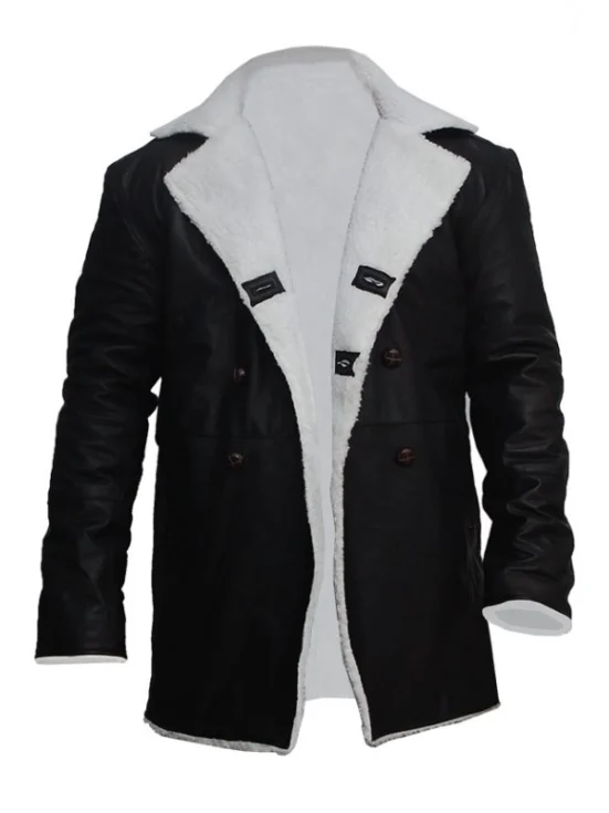 Mens Black Leather Long Shearling Coat with Fur Collar 3