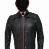 Mens Black Red Hood Leather Jacket