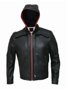 Mens Black Red Hood Leather Jacket