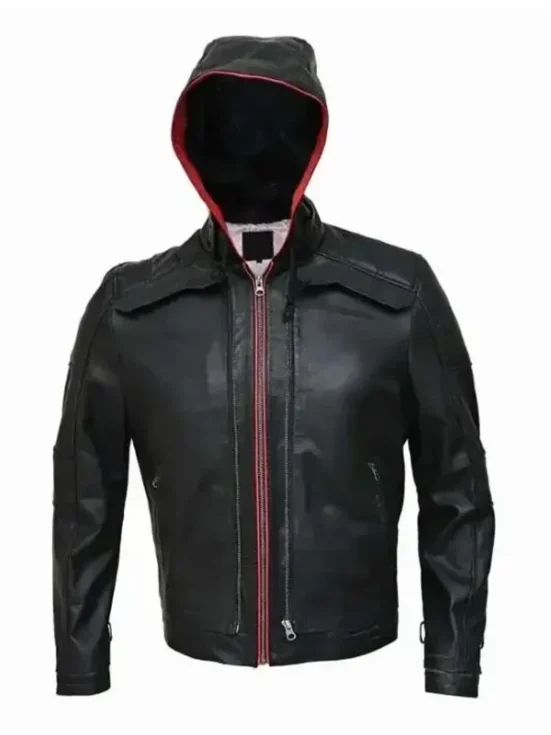 Mens Black Red Hood Leather Jacket