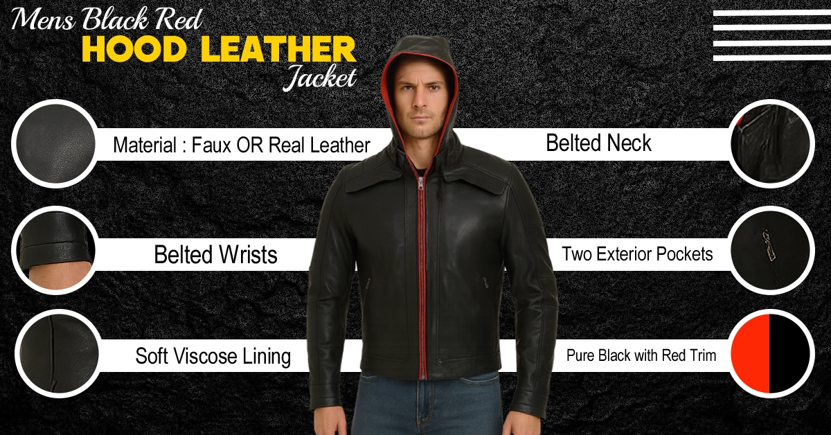 Mens Black Red Hood Leather Jacket