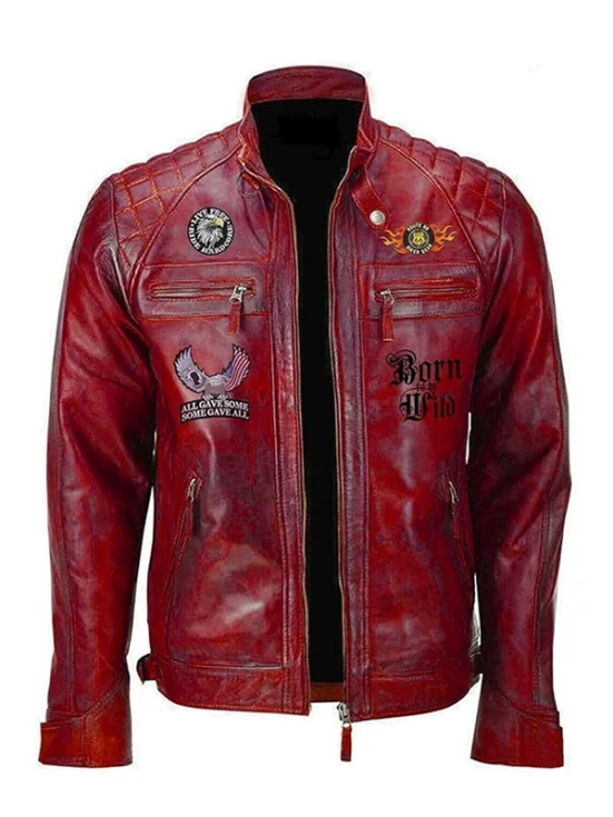 Mens Born to Rule Red Biker Leather Jacket