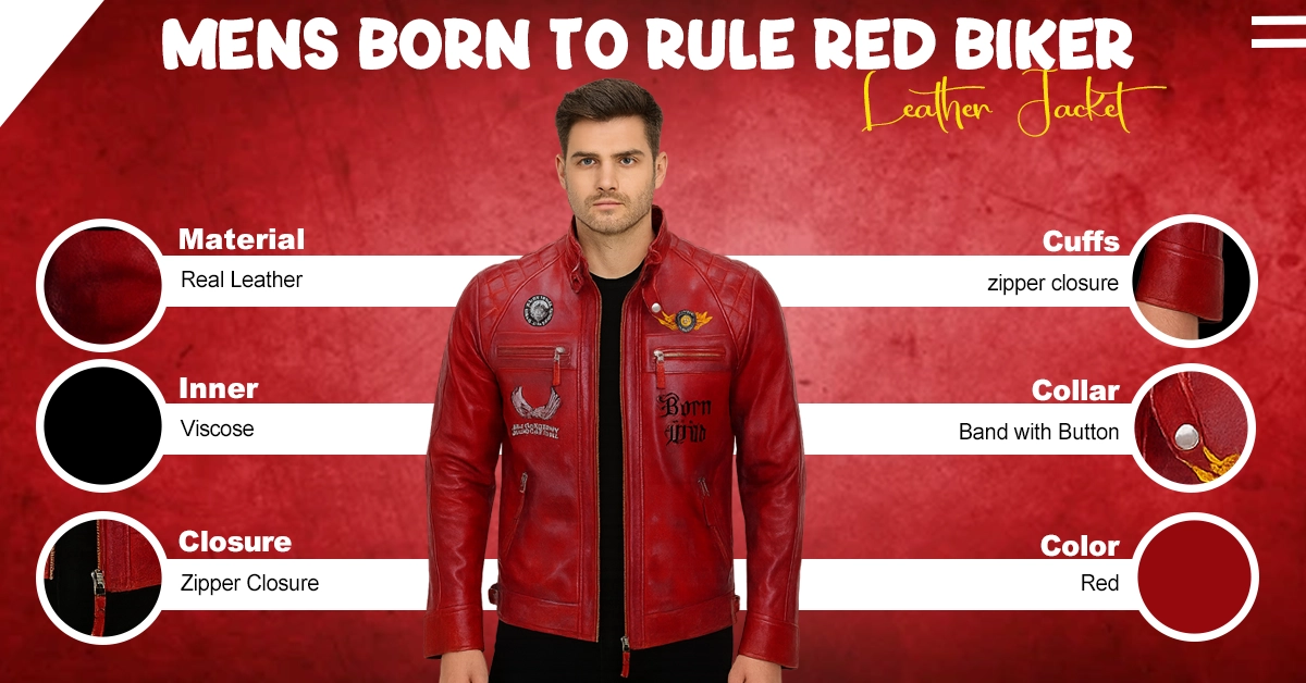 Mens-Born-to-Rule-Red-Biker-Leather-Jacket
