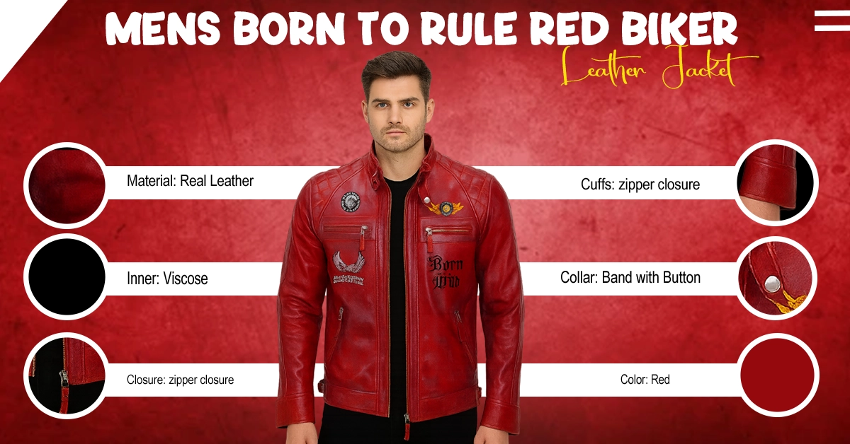 Mens Born to Rule Red Biker Leather Jacket