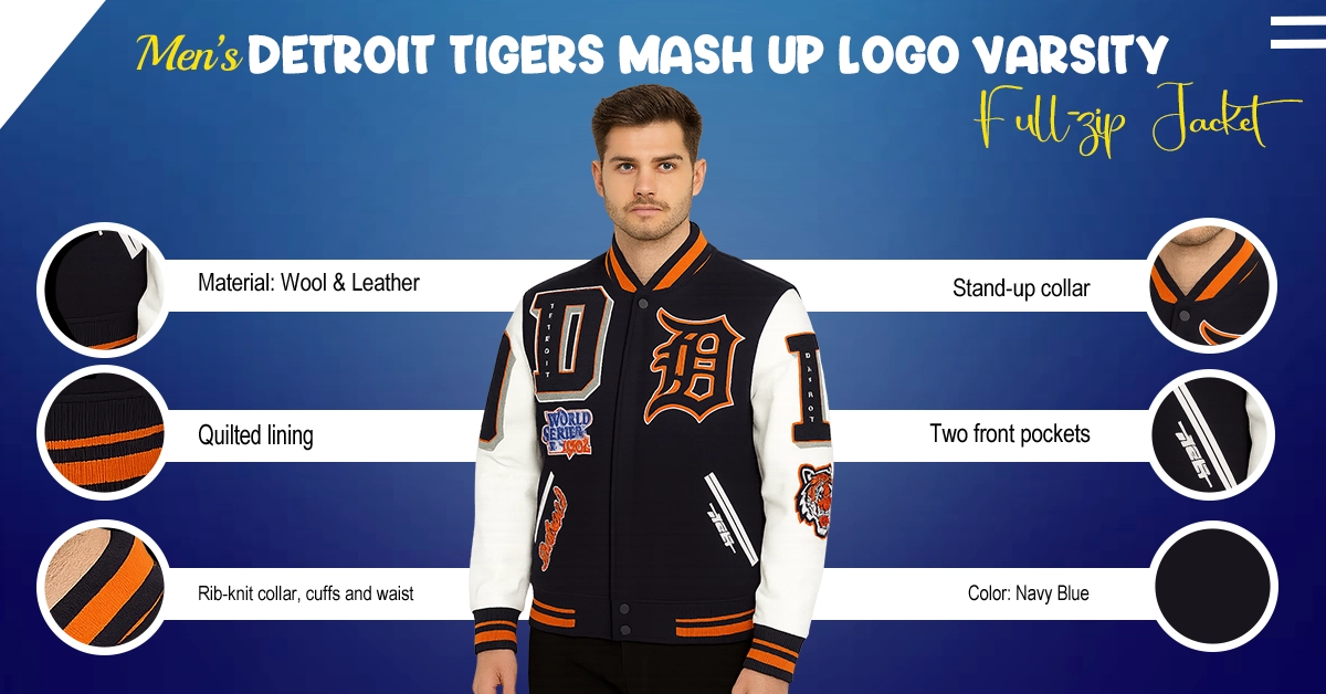Mens Detroit Tigers Mash Up Logo Varsity Full-zip Jacket 2