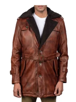 Mens Distressed Brown Shearling Leather Coat