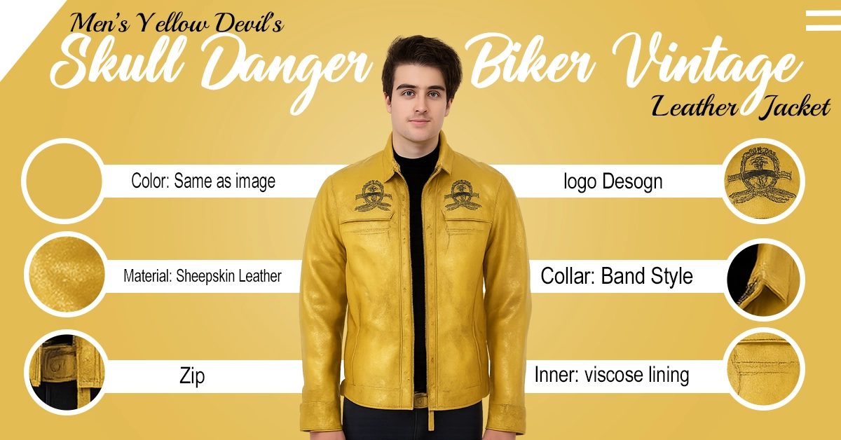 Men’s Yellow Devil’s Skull Danger Biker Vintage Leather Jacket