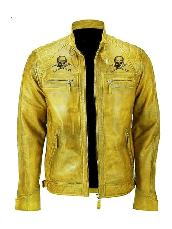 Men’s Yellow Devil’s Skull Danger Biker Vintage Leather Jacket f