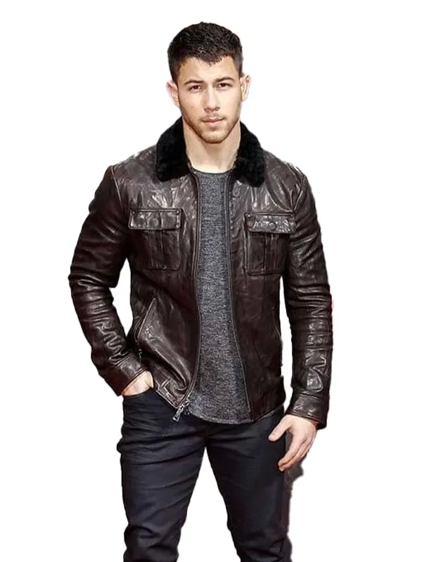 Nick-Jonas-Jumanji-3-Brown-Leather-Jacket
