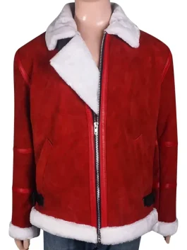 Ryan Reynolds Santa Jacket made from red suede leather with shearling details and festive design.