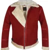 Ryan Reynolds Spirited Jacket in red suede leather with stand collar and front zip closure, inspired by Ryan Reynolds’ outfit in the movie Spirited.