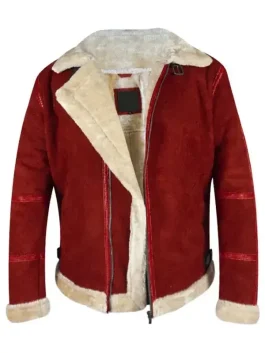 Ryan Reynolds Spirited Jacket in red suede leather with shearling collar, inspired by Spirited.