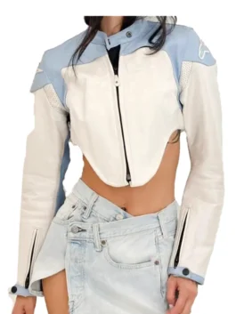 Sabrina Carpenter Moto Baby Blue Leather Jacket