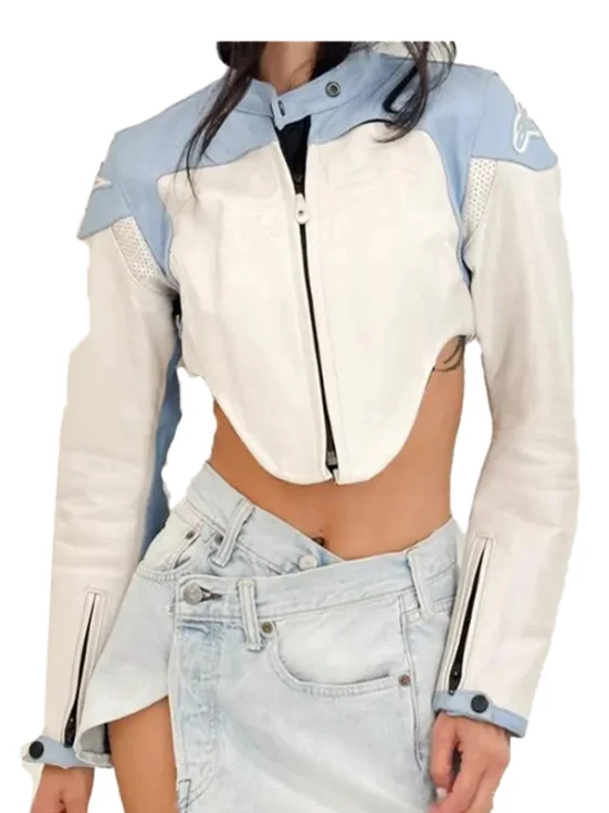 Sabrina Carpenter Moto Baby Blue Leather Jacket