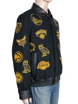 Multi-logo leather jacket featuring iconic basketball team patches