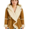 Womens Brown Shearling Hooded Overcoat