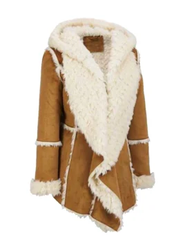 Womens Brown Shearling Hooded Overcoat