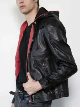 Mens Black Red Hood Leather Jacket
