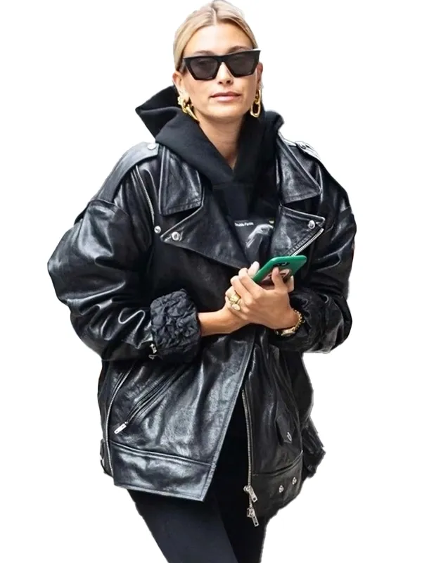 Hailey-Bieber-Black-Oversized-Motorcycle-Jacket