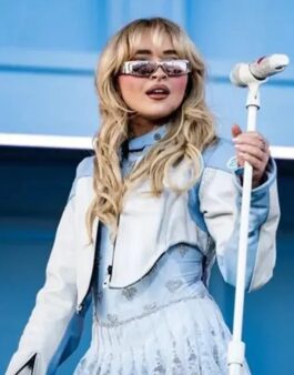 Sabrina Carpenter Moto Baby Blue Leather Jacket