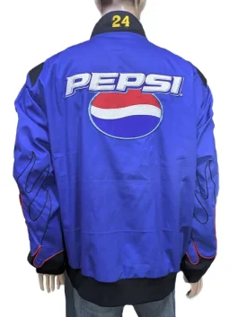 The back view of a Pepsi JG Racing Jacket featuring large sponsor logos and a bold blue color.