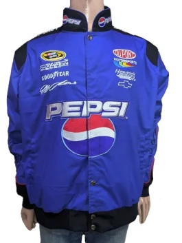 Front view of a Pepsi JG Racing Jacket with a full zip closure and multiple sponsor patches.