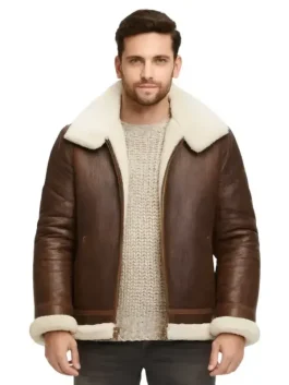 Alex Brown shearling aviator leather jacket front view showing a warm, rugged fit.
