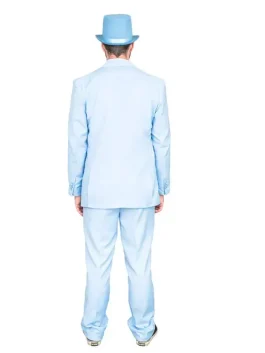 Back side of Dumb and Dumber blue tuxedo suit showing formal jacket and top hat design