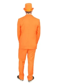 Back view of Dumb and Dumber inspired tuxedo suits in bright orange and blue colors