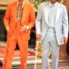 Orange and blue Dumb and Dumber suits in bright tuxedo style for duo costume parties